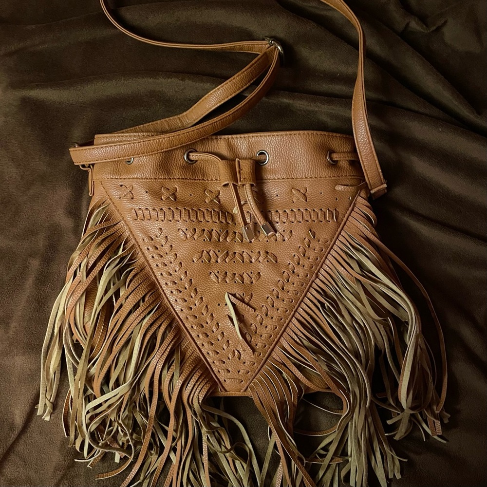 Fringed Tan Leather Shoulder Bag
